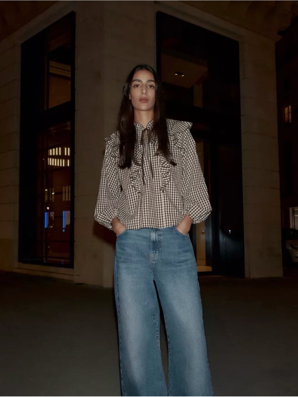 Zara Brown-white gingham blouse with ruffles M